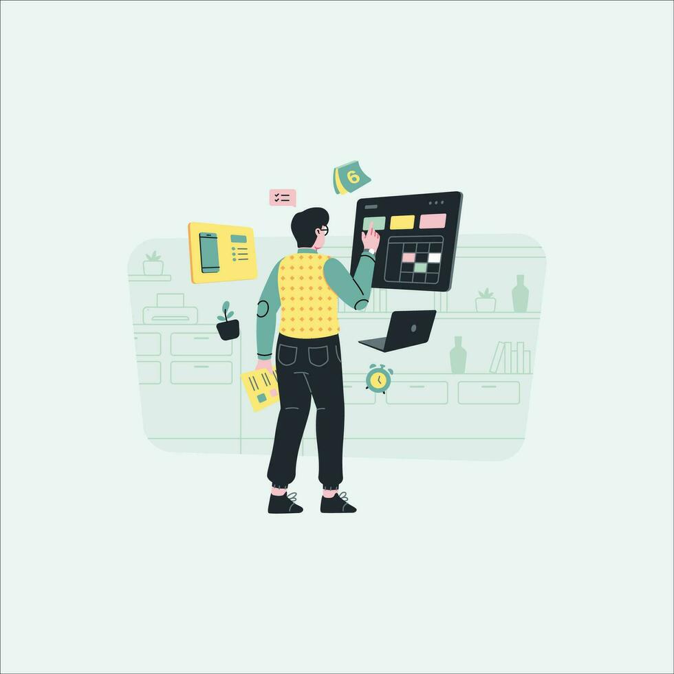 Concept of education and learning. Back view of young man in casual clothes making notes in notebook. Flat vector illustration.