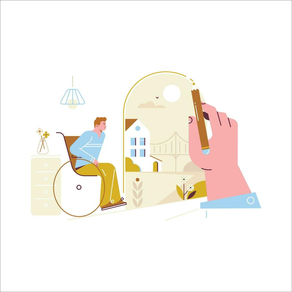 Man using mobile phone in the living room. Flat vector illustration.