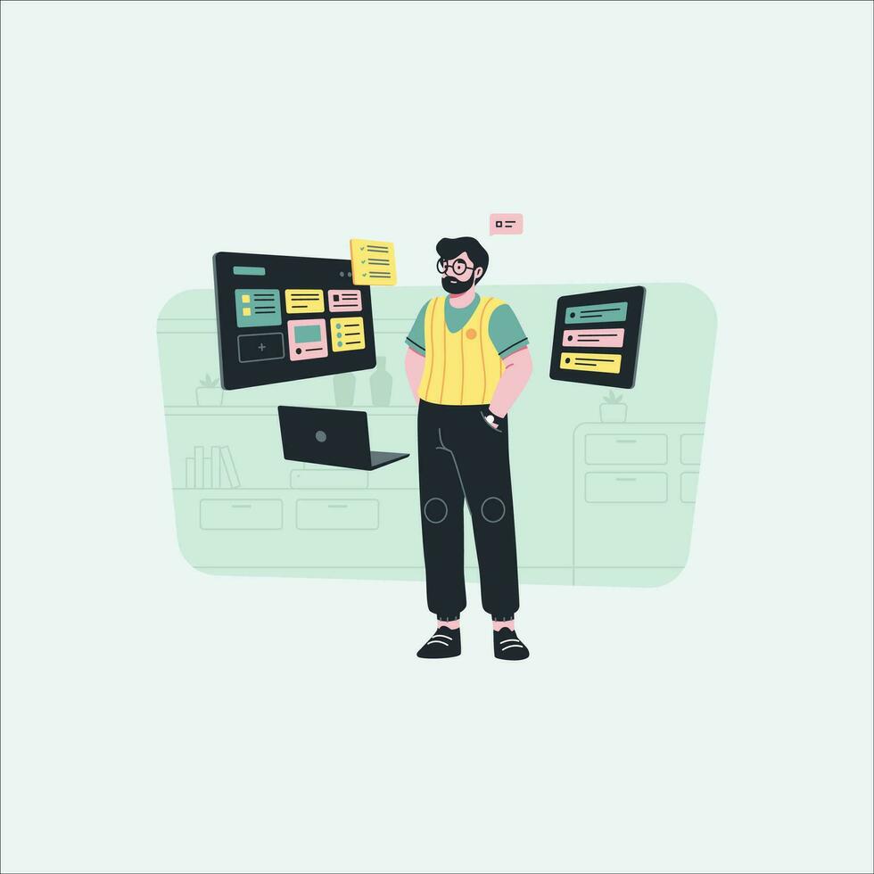 Man with computer and credit card. Concept of online shopping, e-commerce. Vector illustration in flat style