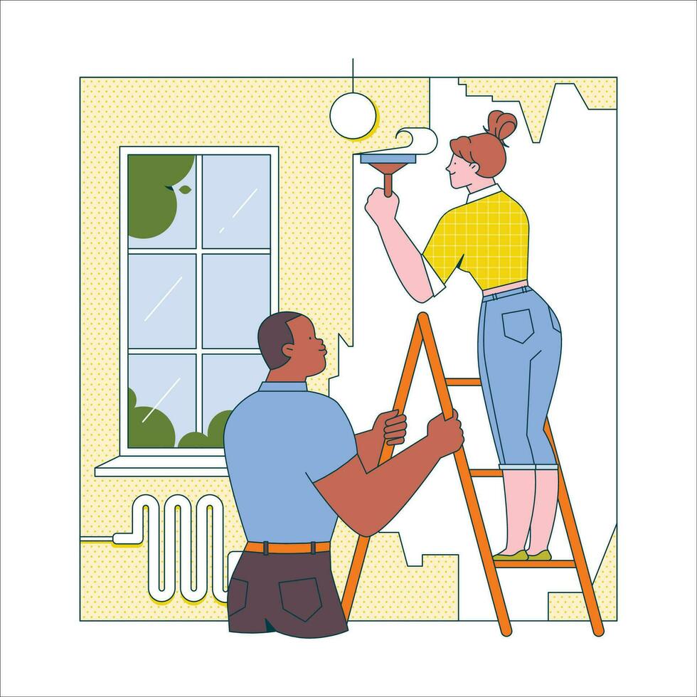 Man and woman are painting the wall of the house. Vector illustration