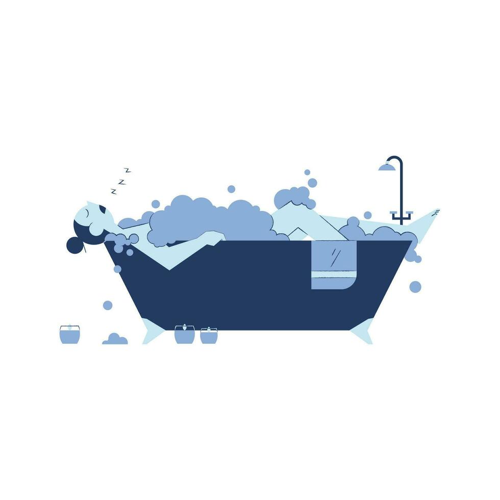 Bathtub with foam and bubbles. Vector illustration in flat style