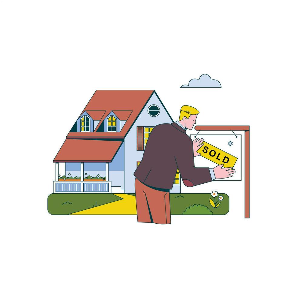 Real estate agent. Vector illustration in flat style. Man with a house for sale.