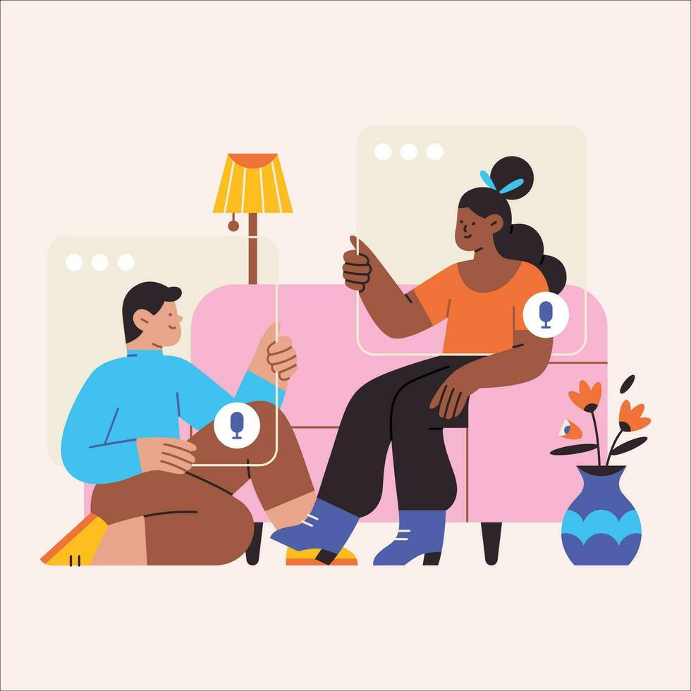 Vector illustration of a couple sitting on the couch at home and talking.