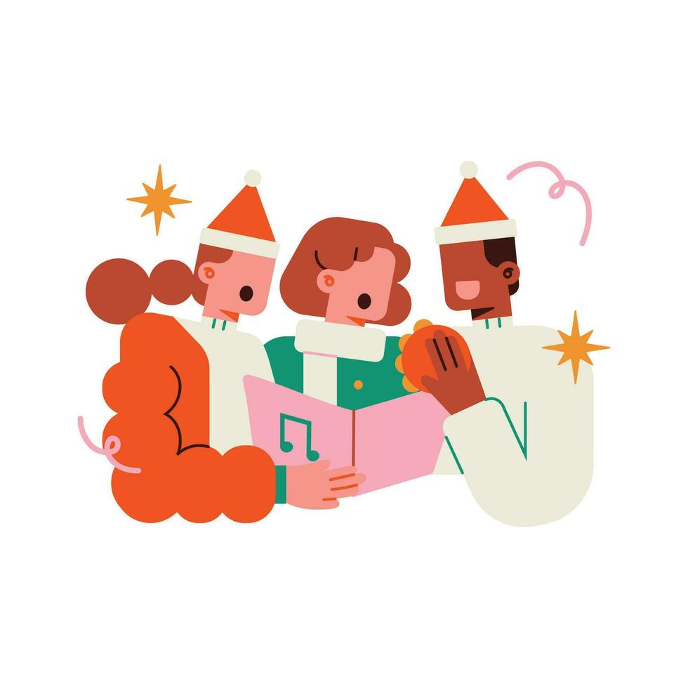 Pareja en Papa Noel claus sombreros leyendo un libro. vector ilustración.