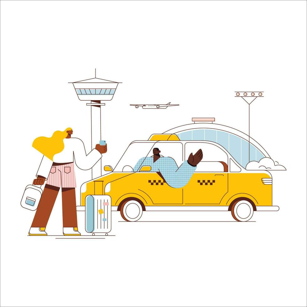 Taxi service. Vector illustration in flat design style. Taxi driver with luggage waiting for taxi.