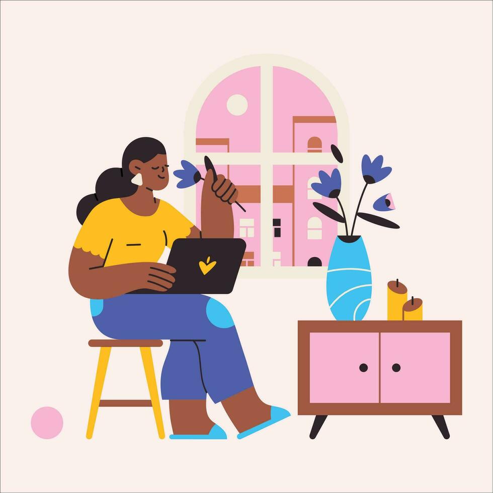 Young woman sitting at home and working on laptop. Flat style vector illustration.
