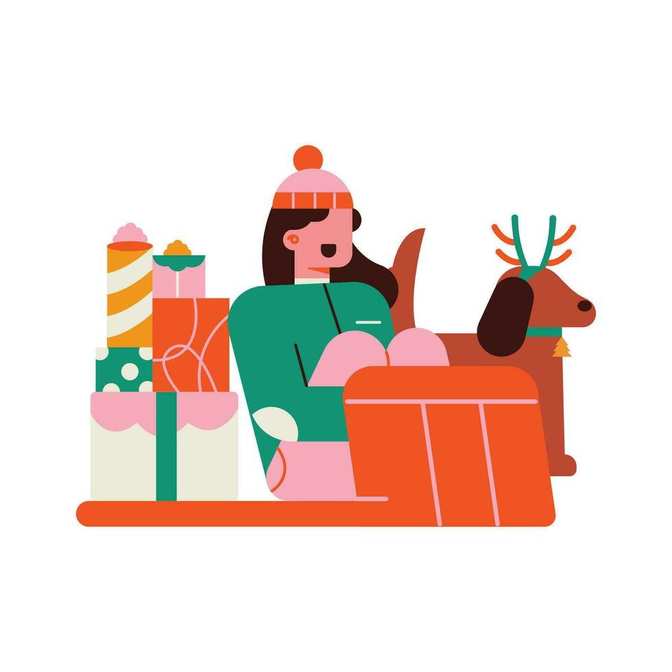 Vector illustration of Santa Claus with reindeer and presents. Flat style.