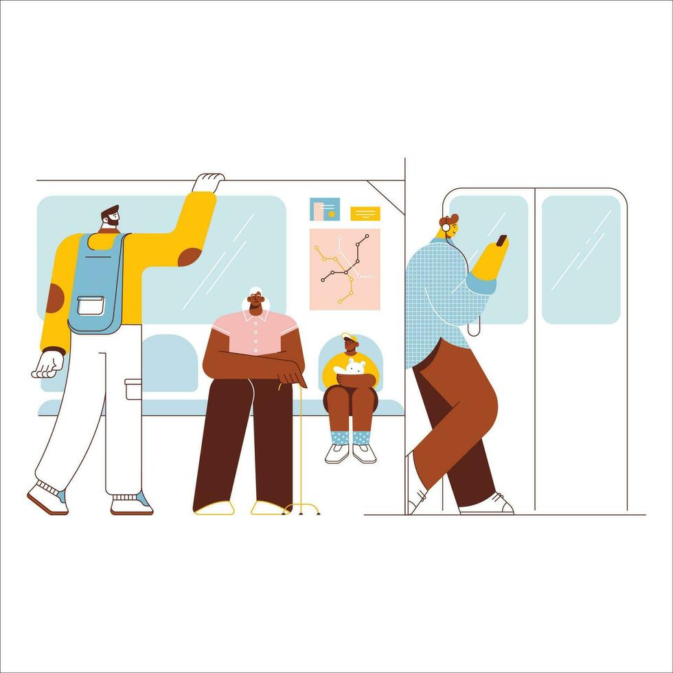 Vector illustration of a man and a woman sitting in a metro.