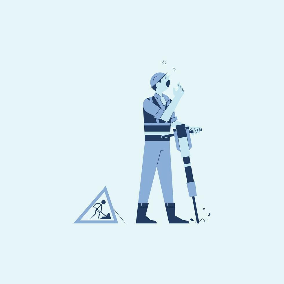 Worker with a drill. Flat style vector illustration on blue background.