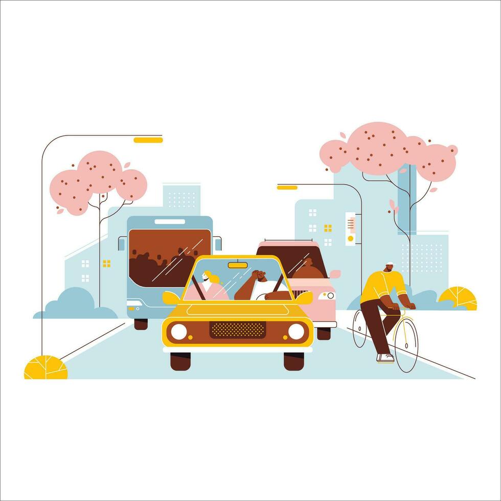 Vector illustration in flat style. City life. Road trip. City life.