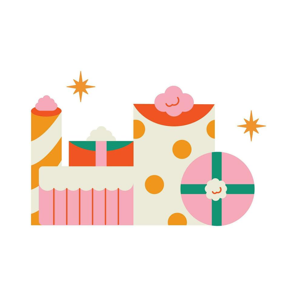 Birthday card with cake and gift box. Flat vector illustration.