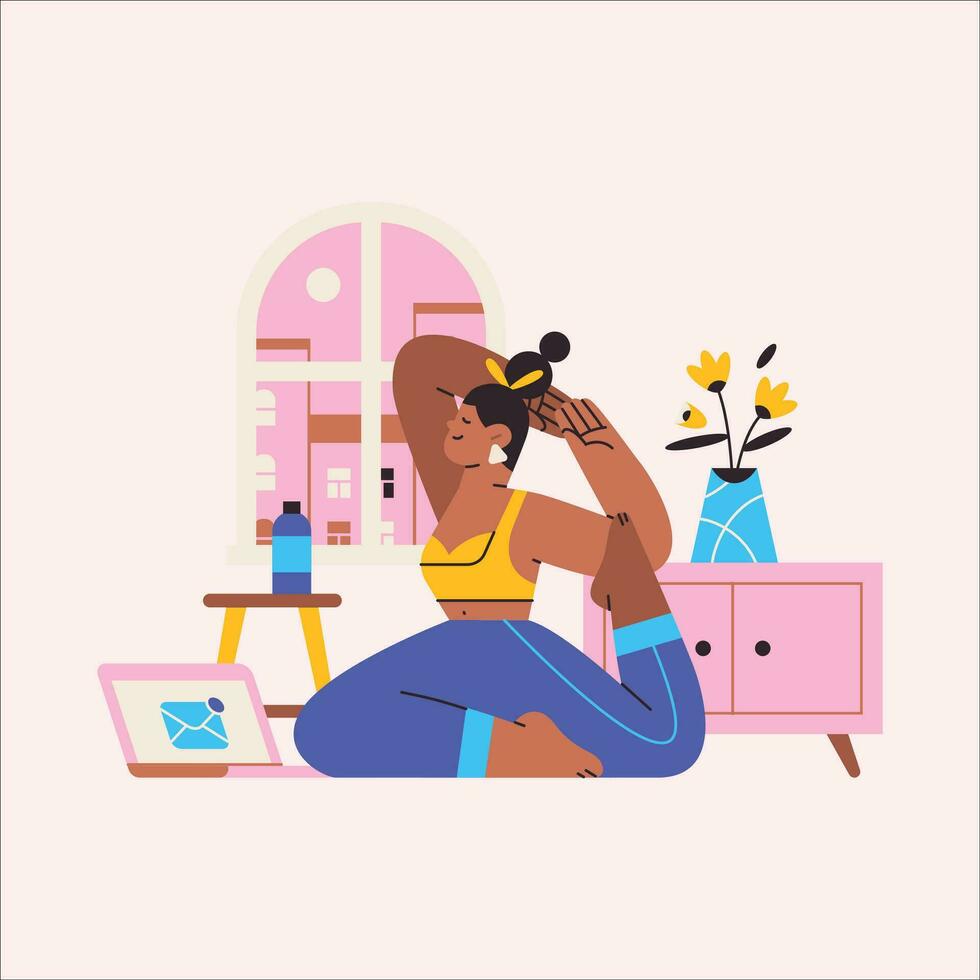 Young woman doing yoga at home. Vector illustration in flat style