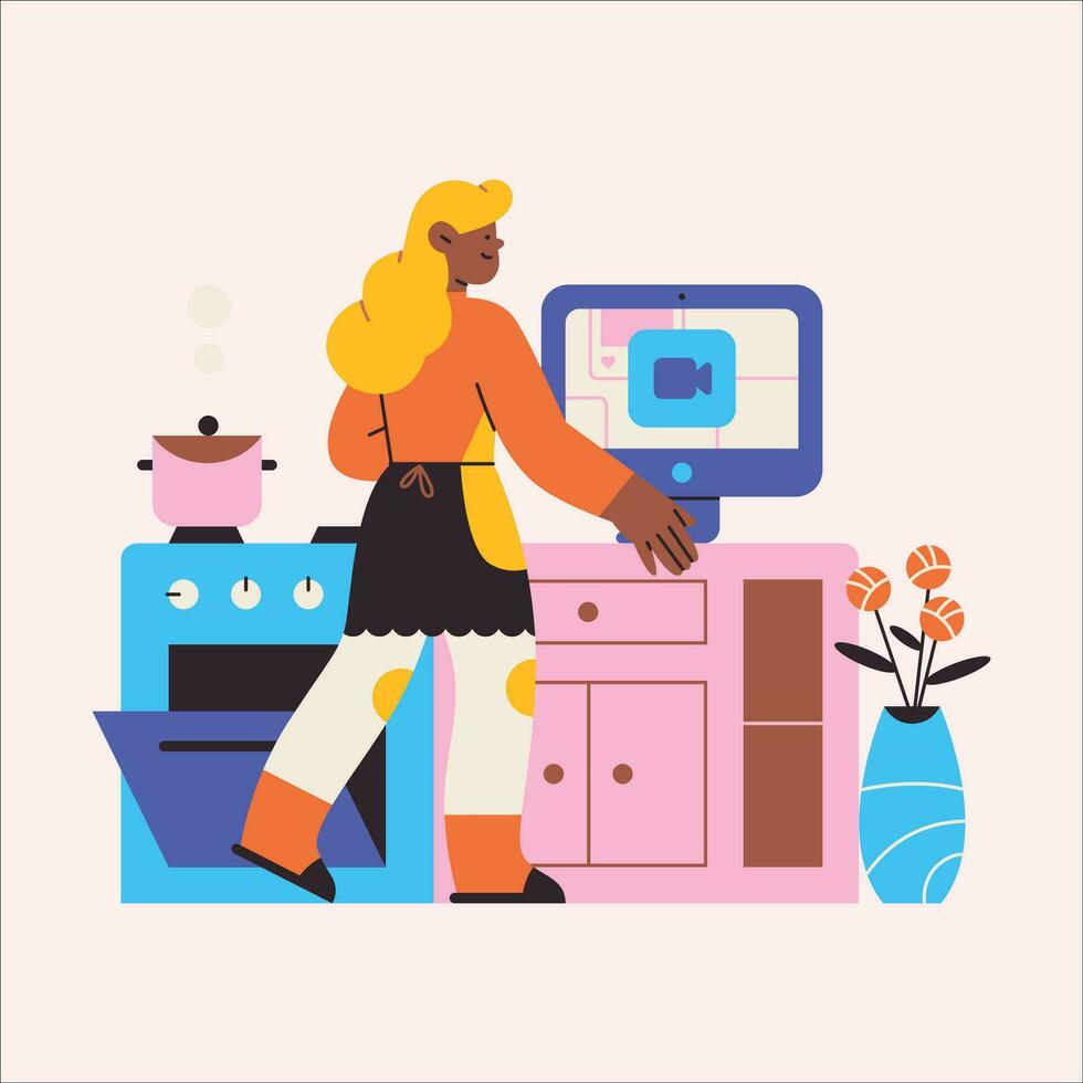 Woman cooking in the kitchen. Vector illustration in a flat style.