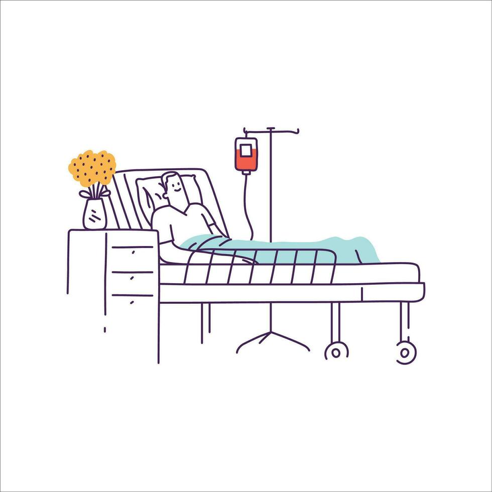 hospital cama con enfermo paciente. vector ilustración en línea estilo.