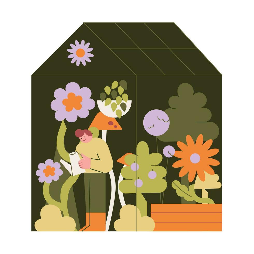 Vector illustration of a greenhouse with plants and flowers. Flat style.