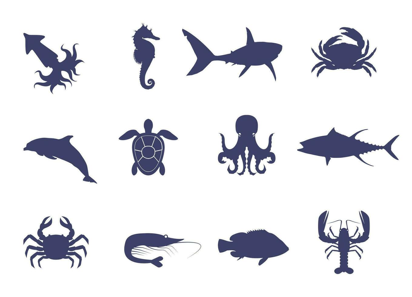 conjunto de siluetas de marina habitantes. silueta de tiburón, pulpo, delfín, cangrejo, langosta, Tortuga y otros vector