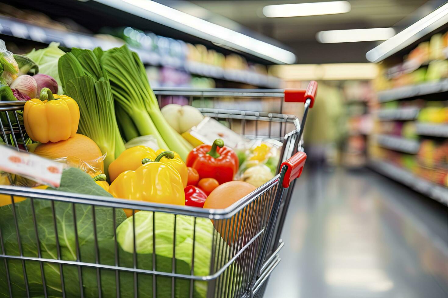 AI generated Close up of full shopping cart in grocery store. AI Generated photo