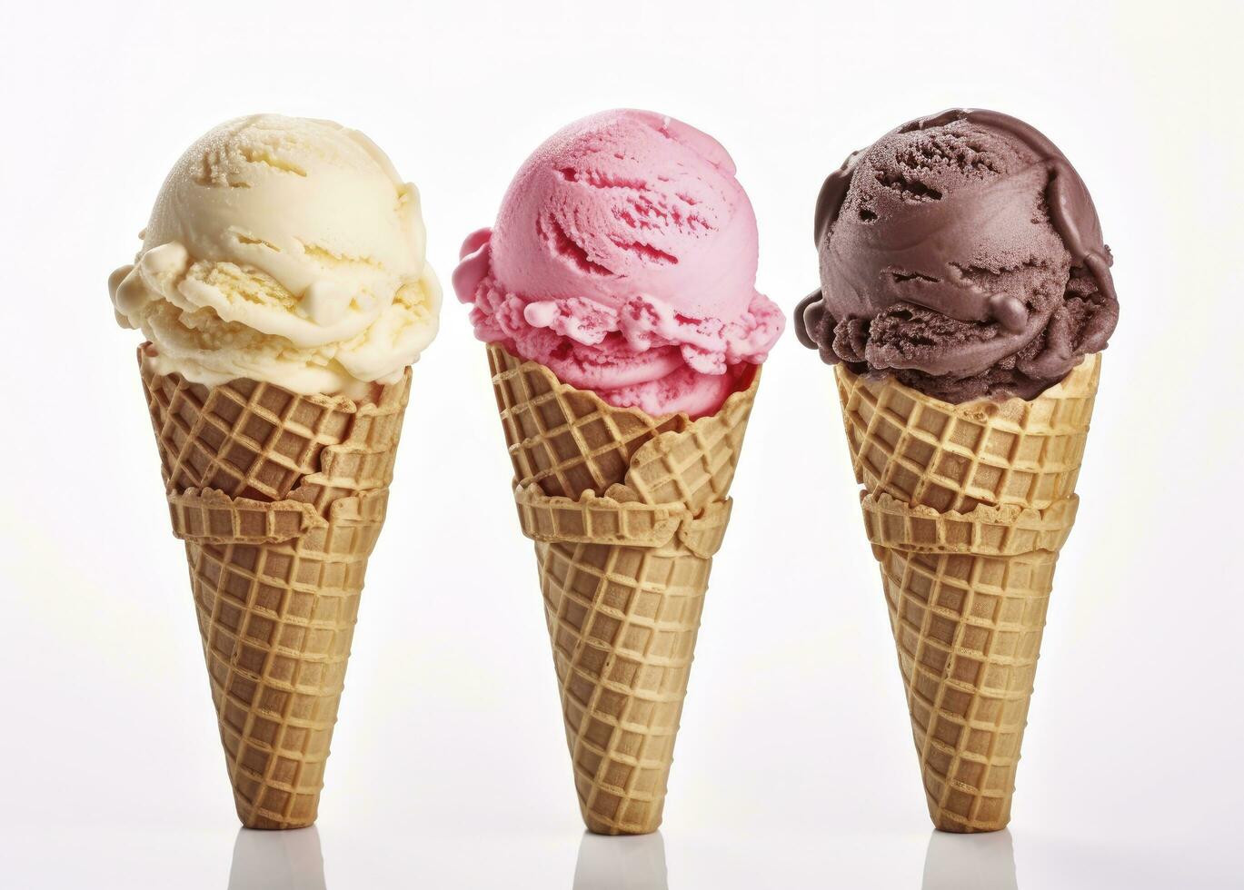 AI generated Chocolate, vanilla and strawberry Ice cream in the cone on white background. AI Generated photo