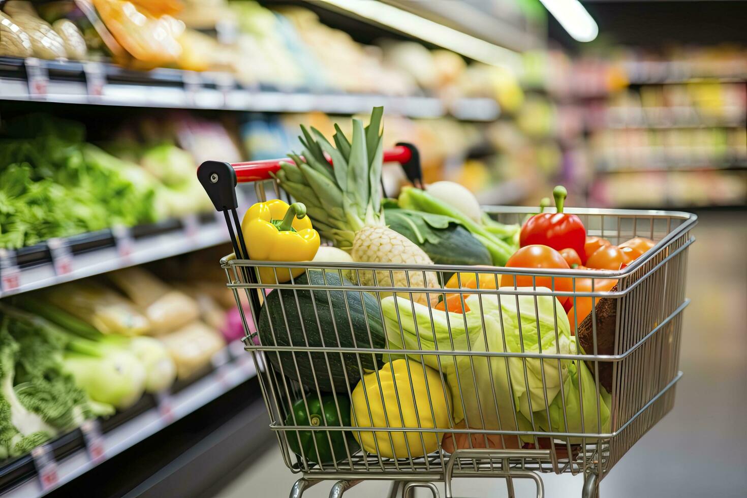 AI generated Close up of full shopping cart in grocery store. AI Generated photo