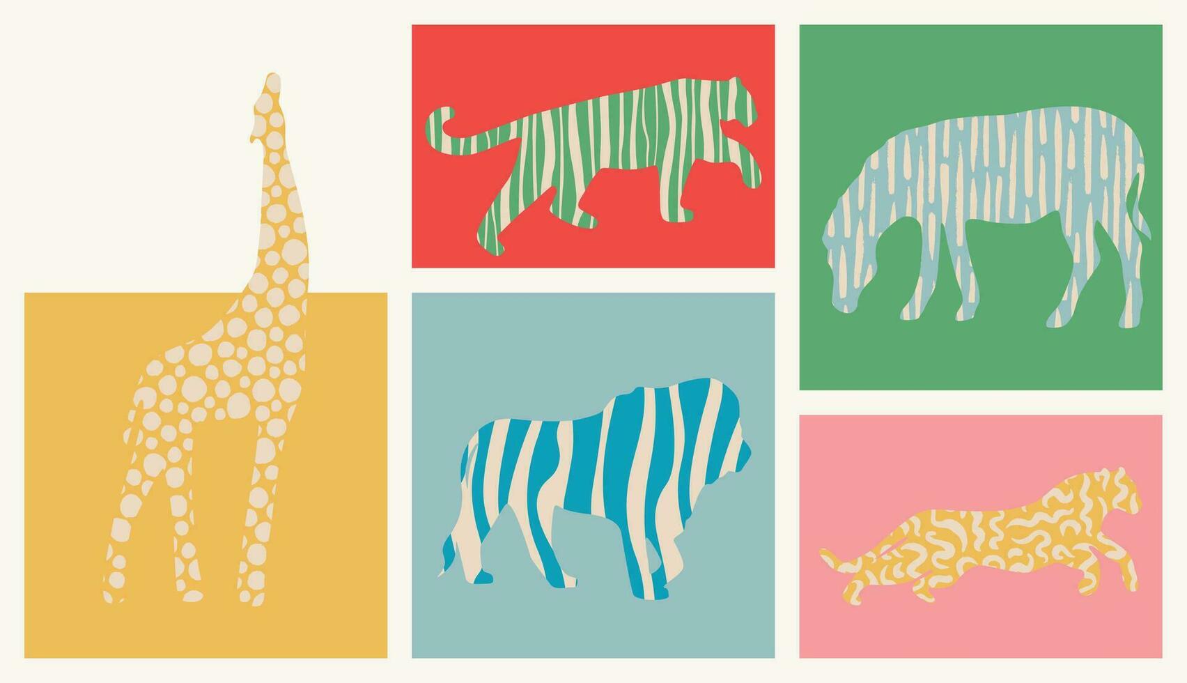 Set of decorative abstract animals with different prints inside. Hand drawn vector silhouettes of giraffe, lion, tiger, leopard and zebra