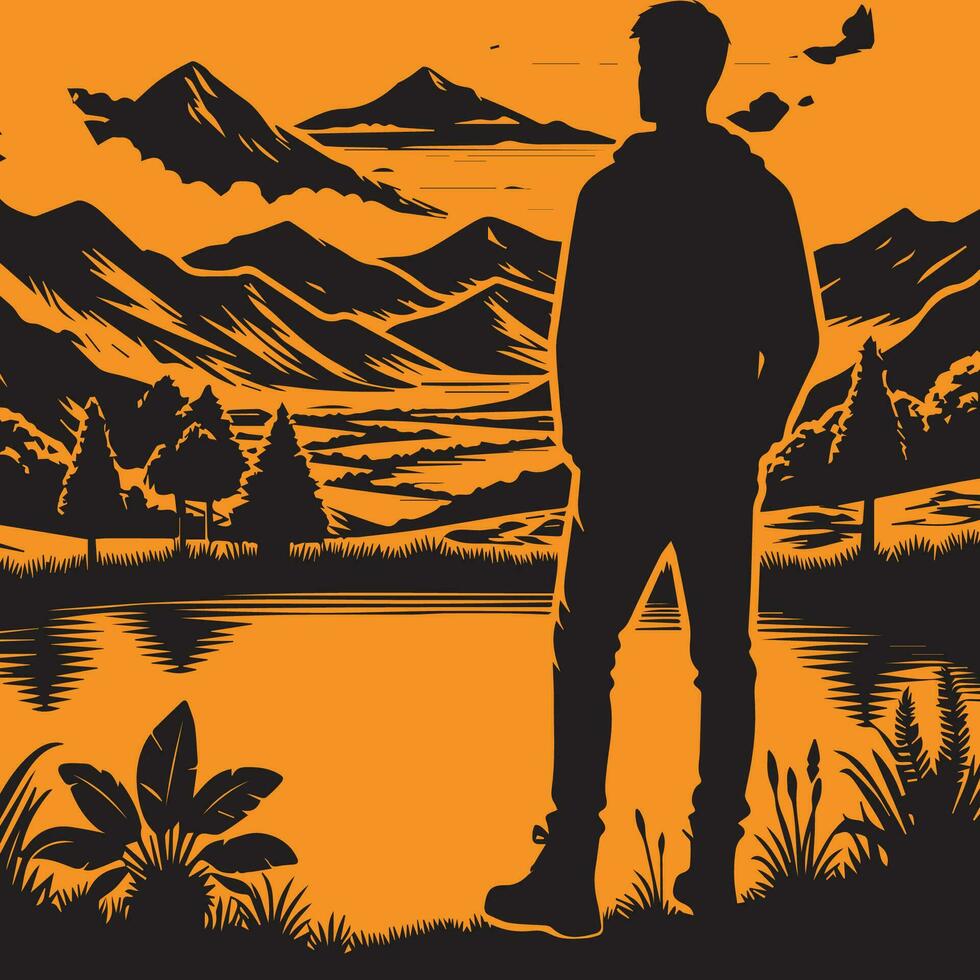 A man stands in front of a pond, and Around the pond mountain view vector