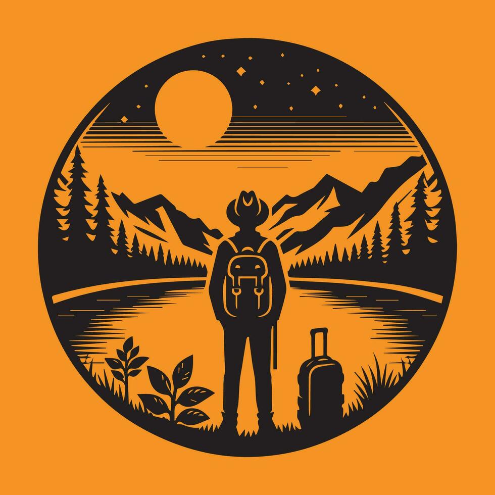 A man stands in front of a pond, and Around the pond mountain view vector