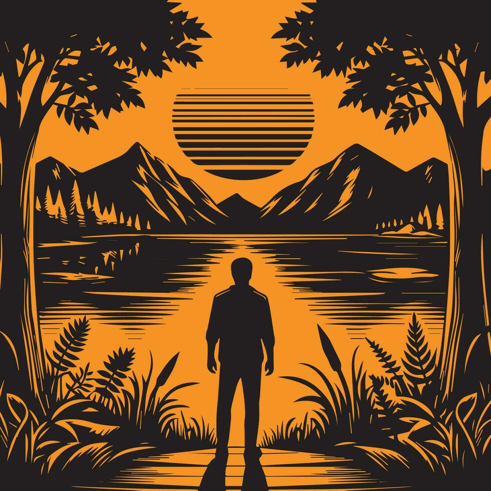 A man stands in front of a pond, and Around the pond mountain view vector