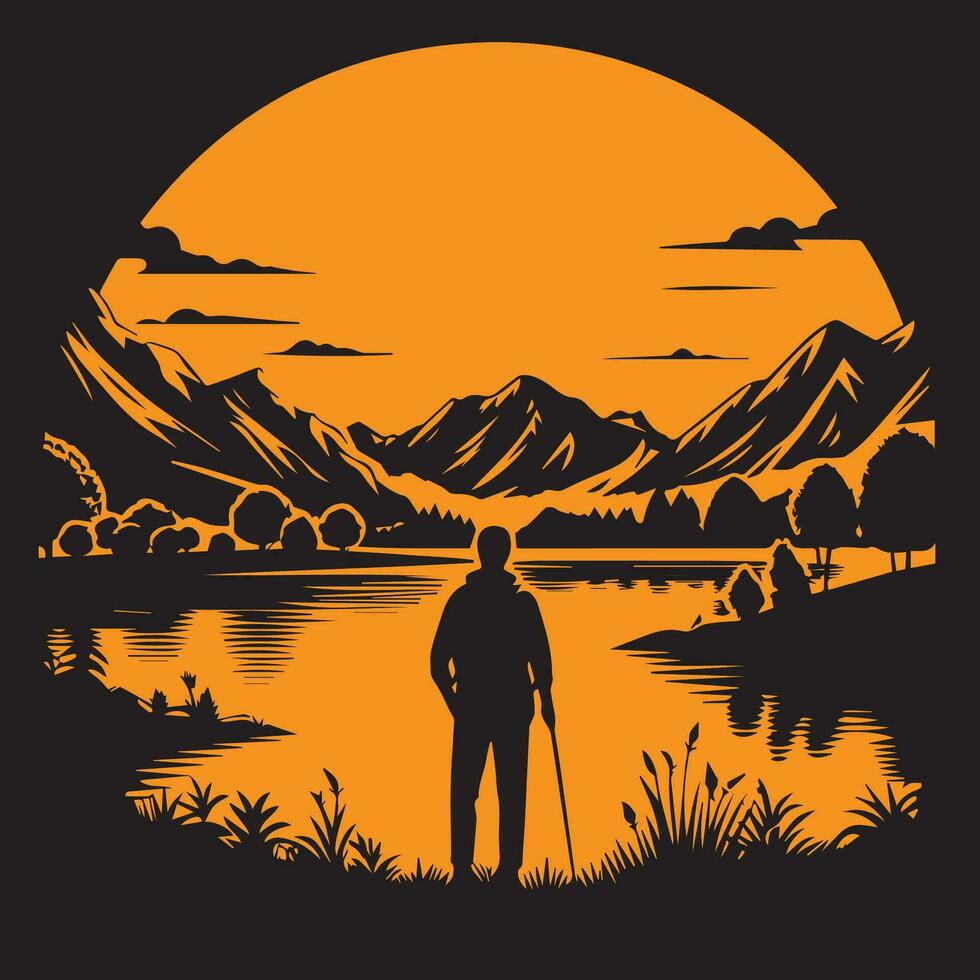 A man stands in front of a pond, and Around the pond mountain view vector