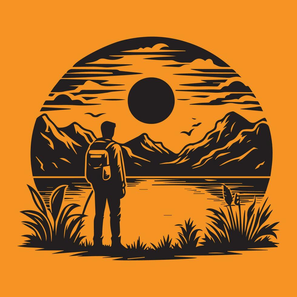 A man stands in front of a pond, and Around the pond mountain view vector