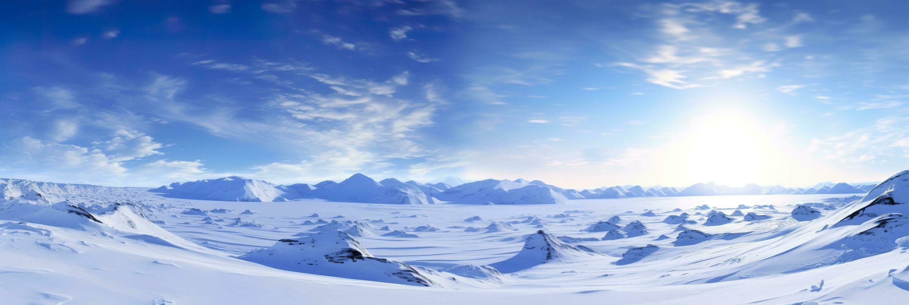 AI generated vast desolated snow land, big mountains in the background, snowfall with light blue sky and light blue colors, peaceful atmosphere,  AI Generative photo