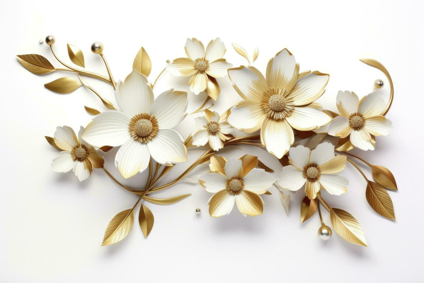 AI generated 3d gold flowers white backgroung. AI Generated photo