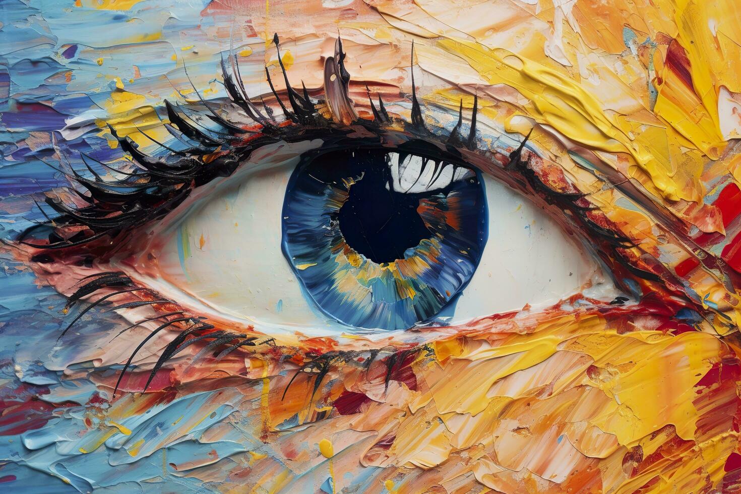 AI generated Fluorite oil painting. Conceptual abstract picture of the eye. Oil painting in colorful colors. Conceptual abstract closeup of an oil painting and palette knife on canvas. AI Generative photo