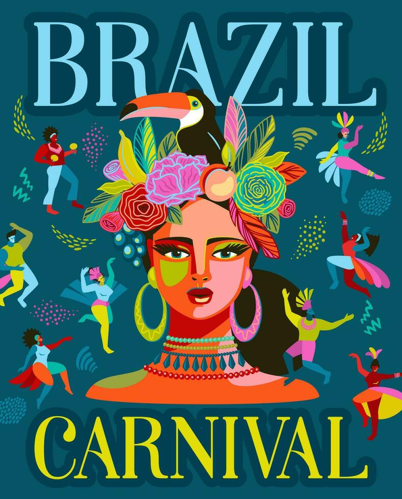 Poster with portrait of woman and people in brazil carnival outfit. Vector abstract illustration. Design for carnival concept and other use