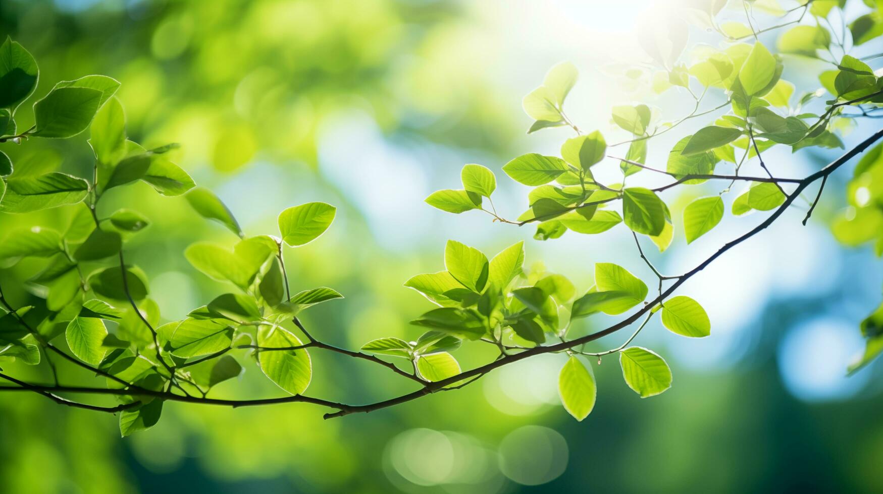 AI generated green leaves on a tree branch in the sun photo