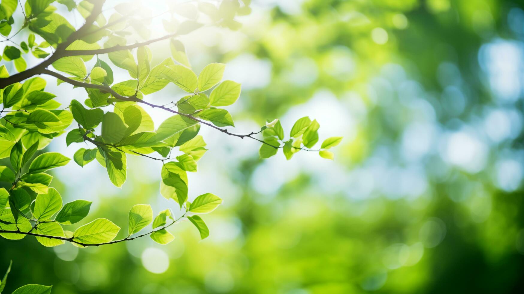 AI generated green leaves on a tree branch with sunlight photo