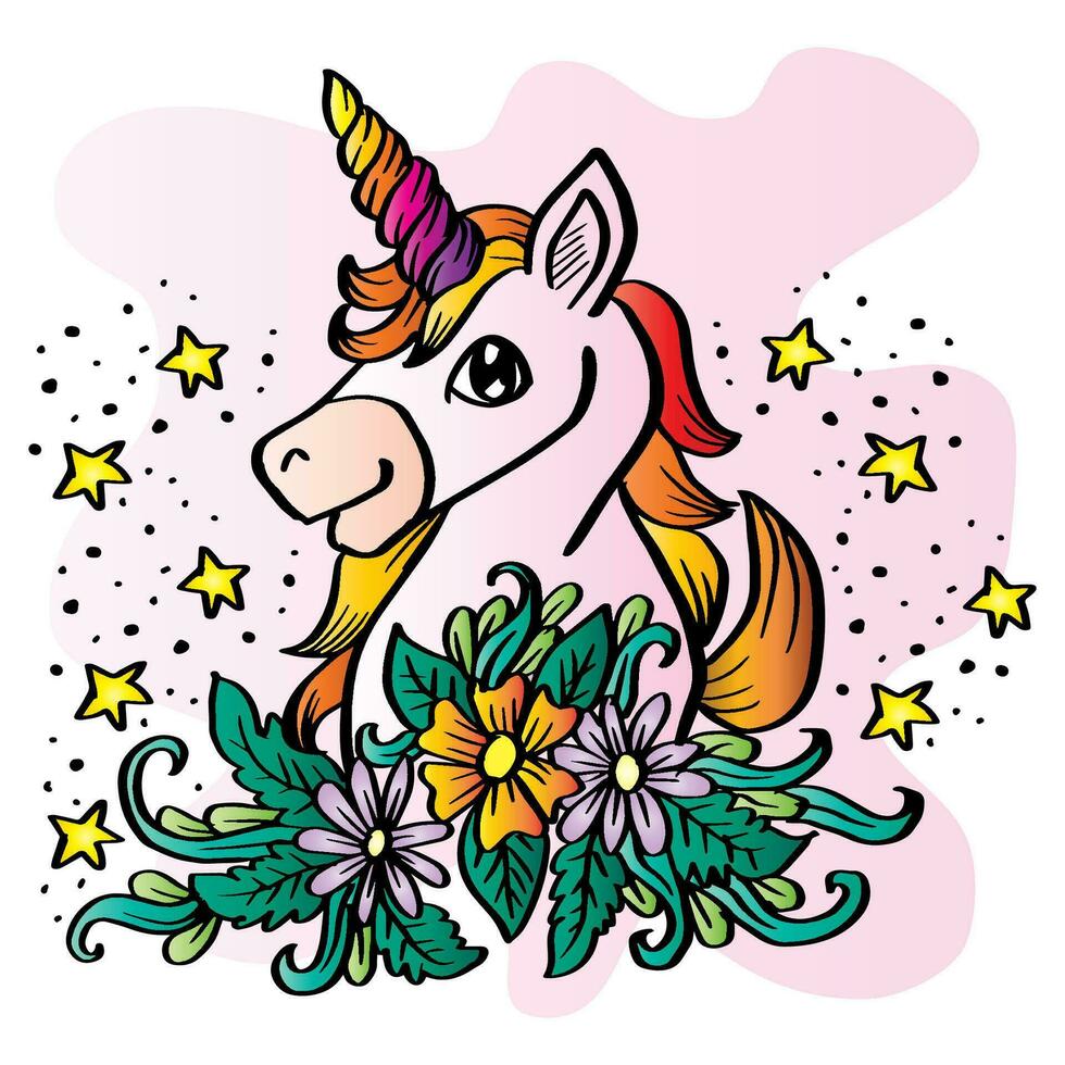 Cartoon unicorn head with floral ornament. vector