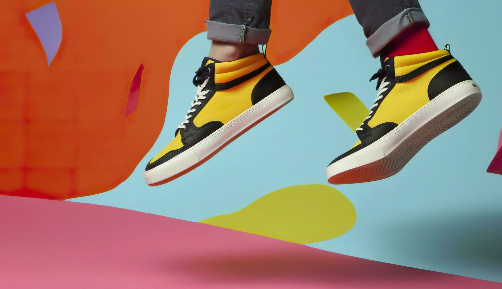 AI generated Flying trendy sneakers on creative colorful background, Stylish fashionable concept. AI Generated photo