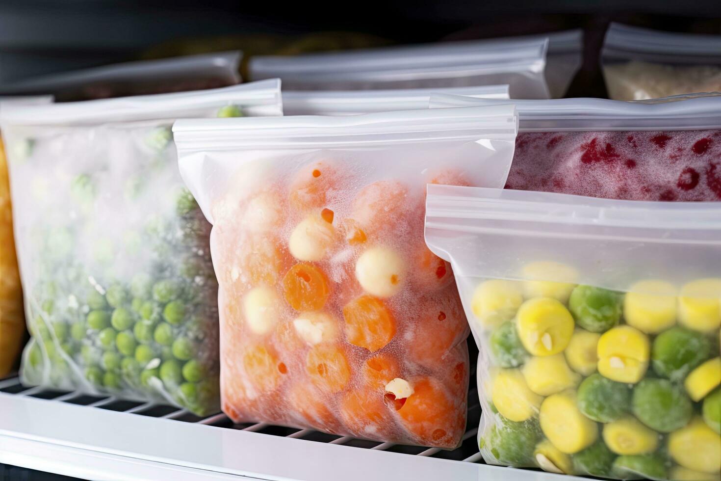AI generated Frozen food in the freezer. Frozen vegetables. AI Generated photo