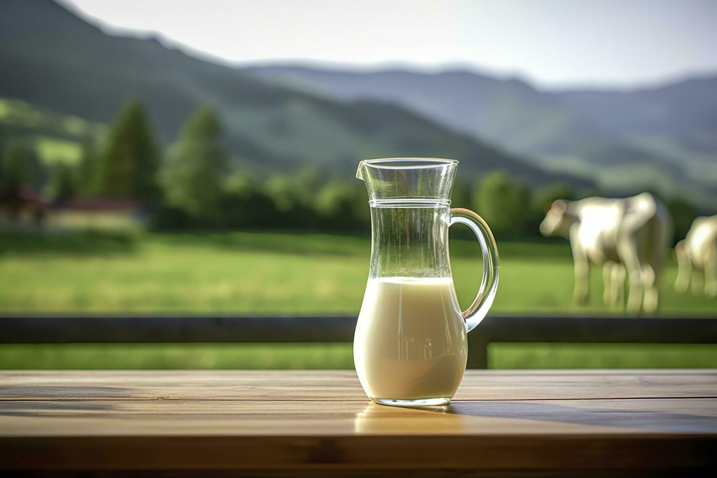 AI generated Glass pitcher with fresh milk on a wooden table. AI Generated photo