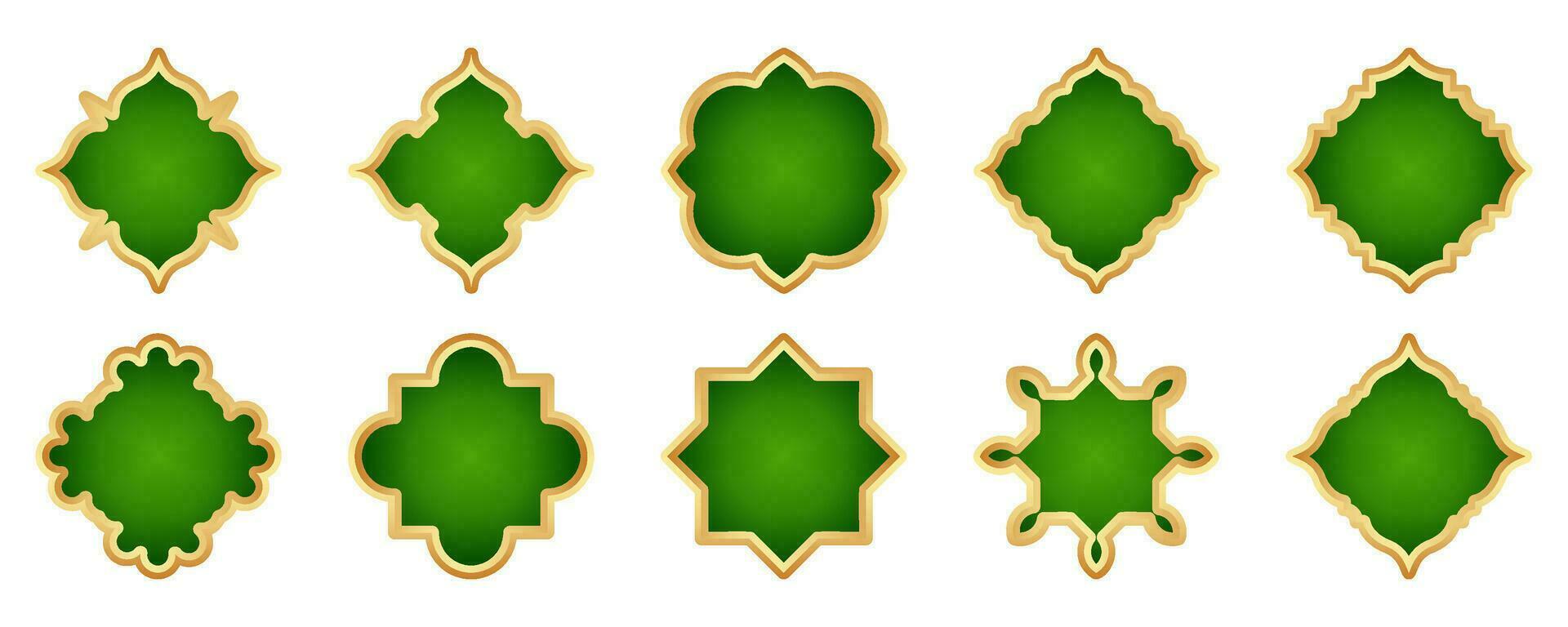 Islamic golden frame shapes set. Ramadan window with ornament. Vector oriental decoration design. Arabian traditional outline elements and signs.