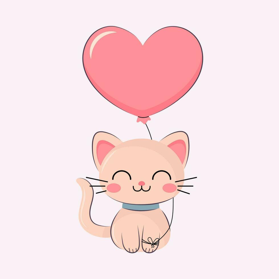 linda gato con un corazón conformado globo. contento San Valentín día saludo tarjeta. gato dibujos animados personaje en amor vector