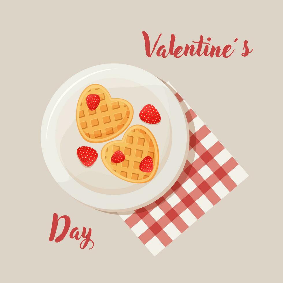 Heart shaped waffles with strawberries. Romantic Valentine's Day breakfast vector