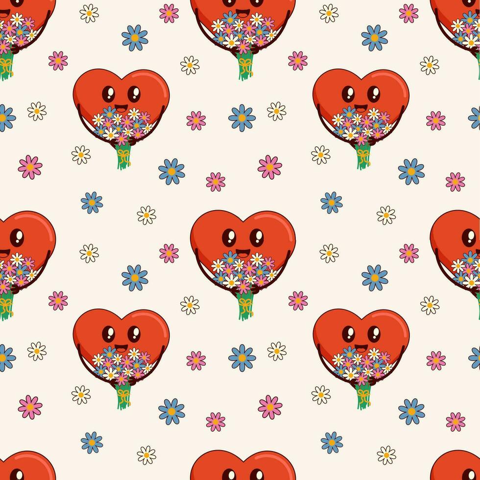 Valentines day groovy seamless patterns. Vintage heart in trendy groovy style with a bouquet of daisies flowers vector