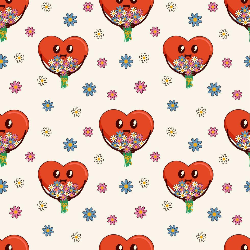 san valentin día maravilloso sin costura patrones. Clásico corazón en de moda maravilloso estilo con un ramo de flores de margaritas flores vector