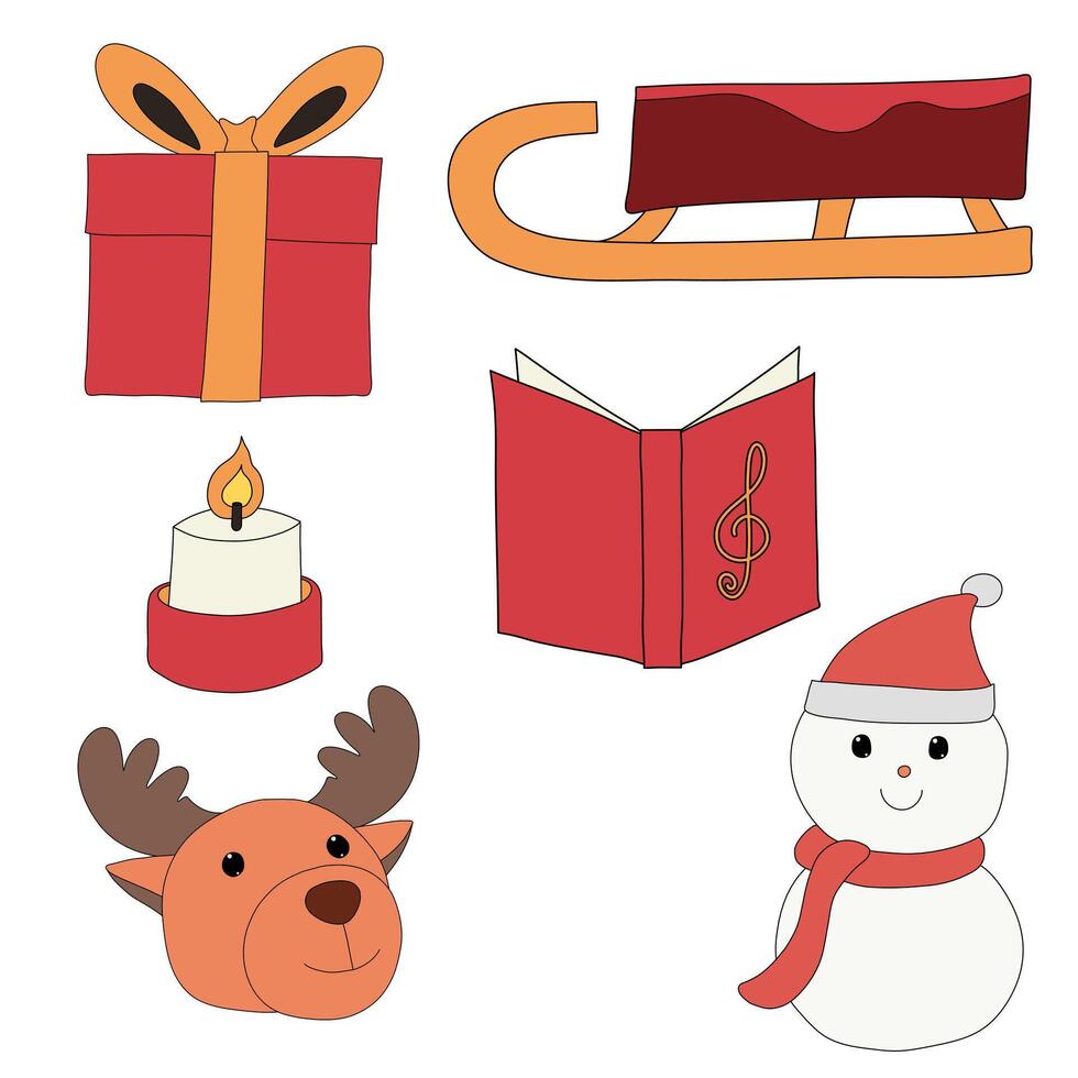 A Christmas sleigh, gift box, candle, songbook, snowman, and reindeer in a hand-drawn minimal xmas concept, Vector