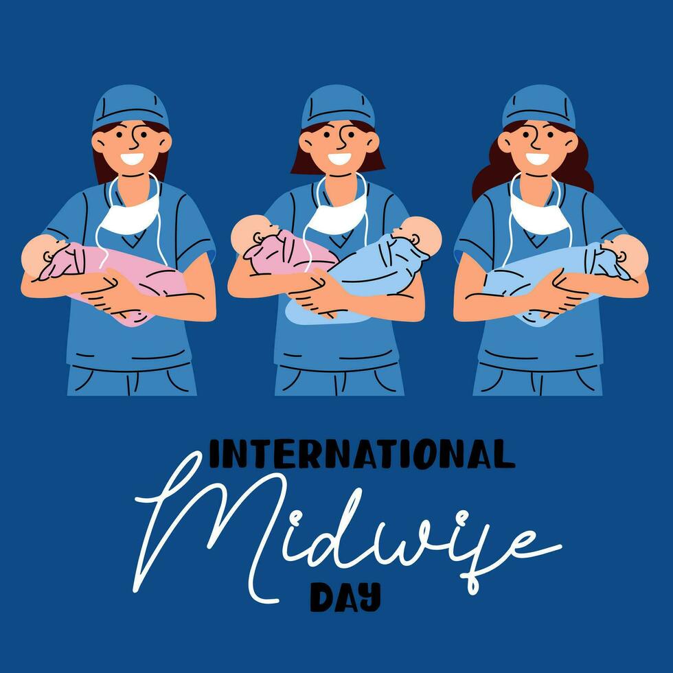 International Day of Midwives is celebrated annually on May 5. A midwife is a medical professional who cares for mothers and newborns during childbirth. Medical uniforms nurses twins, children in blue vector