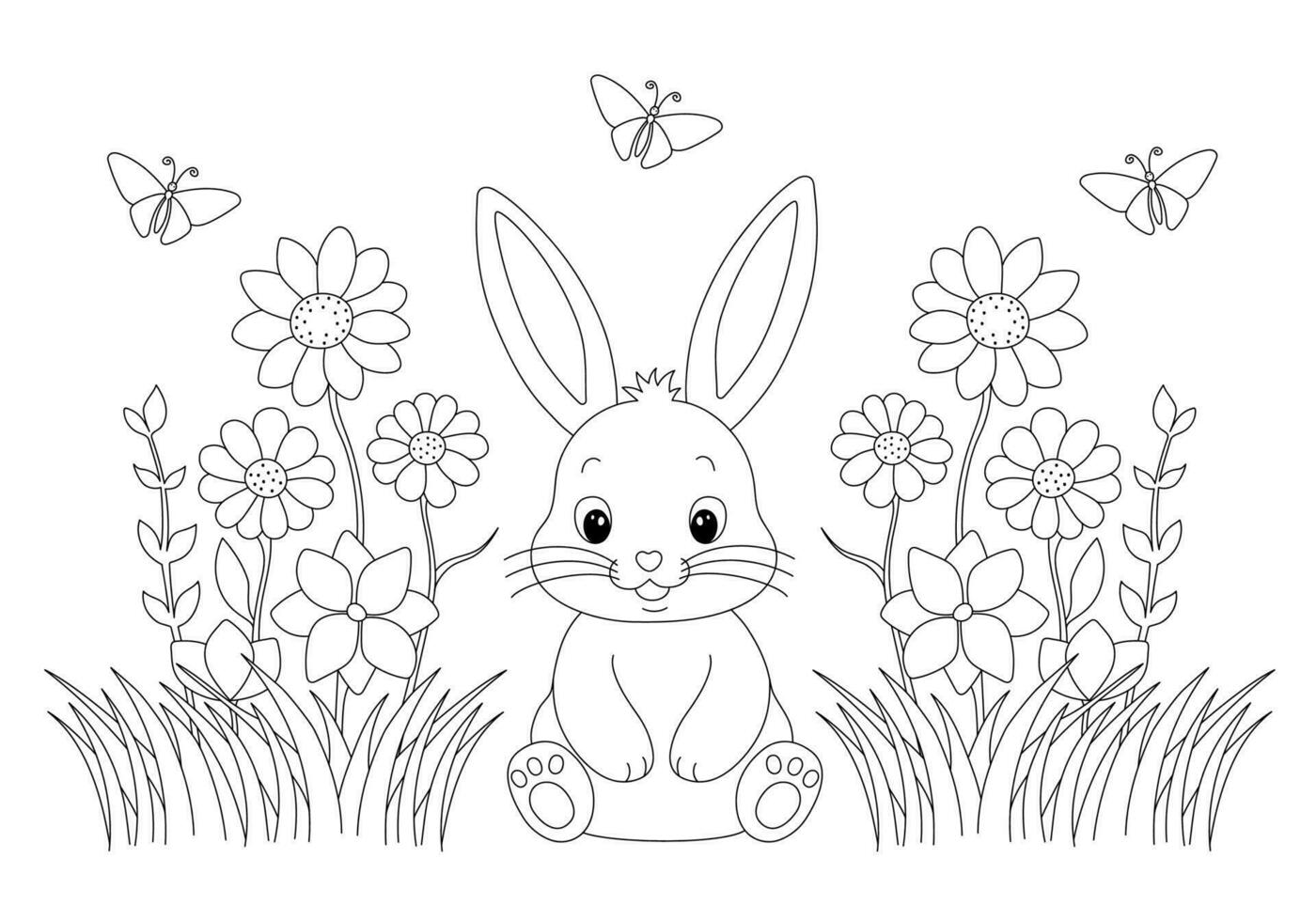 Coloring page with adorable bunny in grass and flowers. Hand drawn vector contoured black and white illustration.