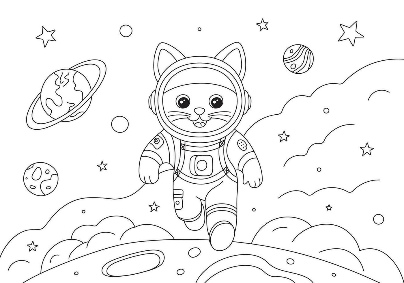 colorante página con corriendo astronauta gato y planetas en espacio. vector