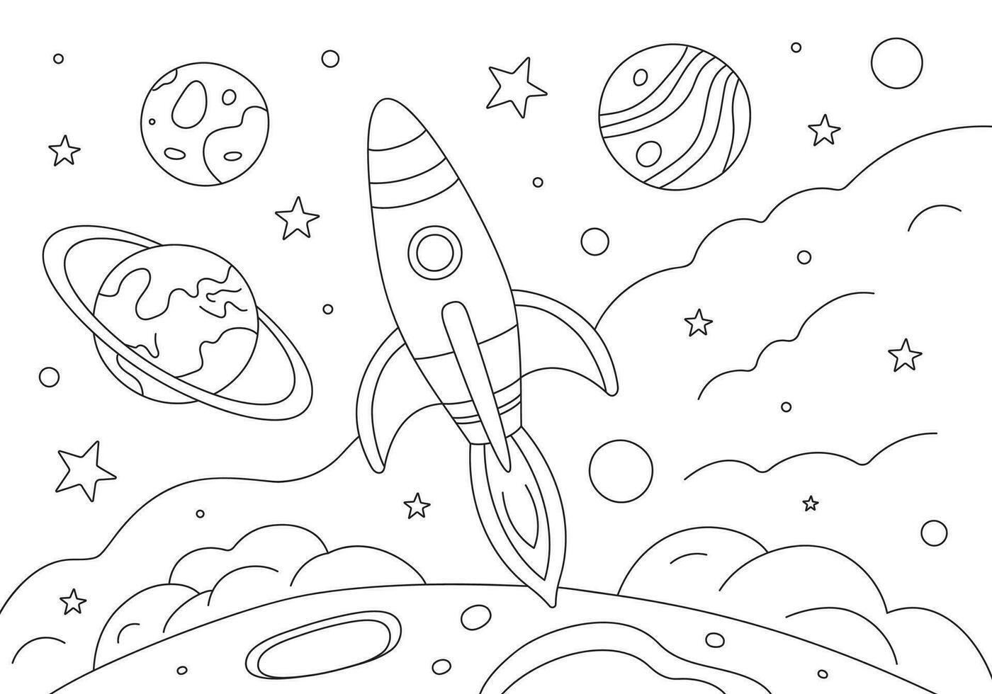 Coloring page with flying rocket and planets in space. Hand drawn vector contoured black and white illustration.