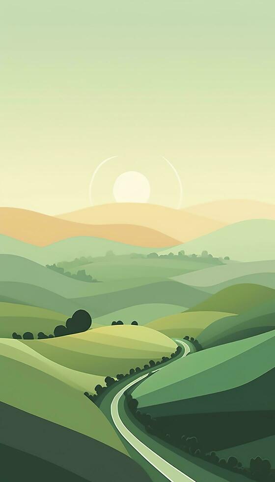 AI generated Green Rolling Hills in the Background, Paved Road in the Foreground. AI Generative photo